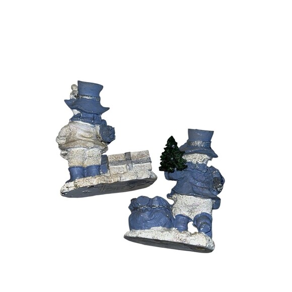 Snowman Candlestick Holder Set Blue White Winter Christmas Mantel Decor - Picture 3 of 11